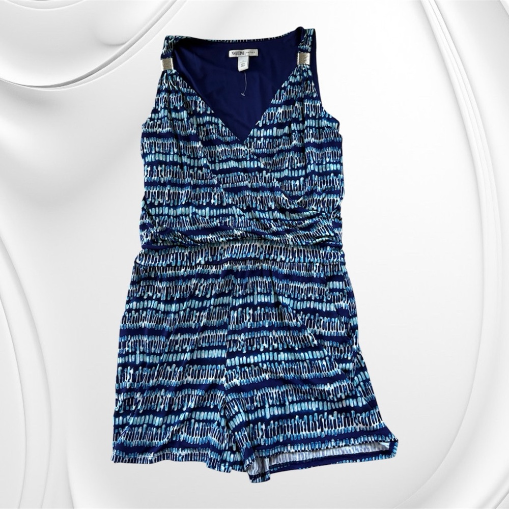 White House Black Market Blue and White Patterned Romper